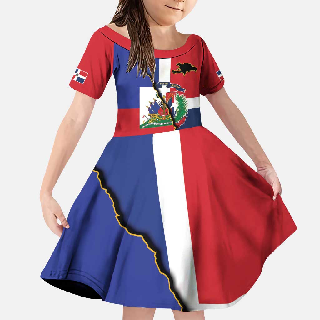 Hispaniola Personalized Family Matching Off Shoulder Maxi Dress and Hawaiian Shirt Dominican Republic Haiti Flag Together