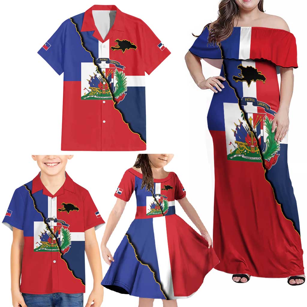 Hispaniola Personalized Family Matching Off Shoulder Maxi Dress and Hawaiian Shirt Dominican Republic Haiti Flag Together
