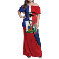 Hispaniola Personalized Family Matching Off Shoulder Maxi Dress and Hawaiian Shirt Dominican Republic Haiti Flag Together