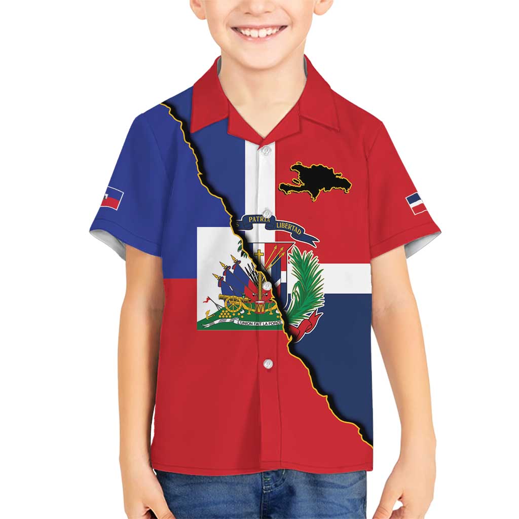 Hispaniola Personalized Family Matching Off Shoulder Maxi Dress and Hawaiian Shirt Dominican Republic Haiti Flag Together