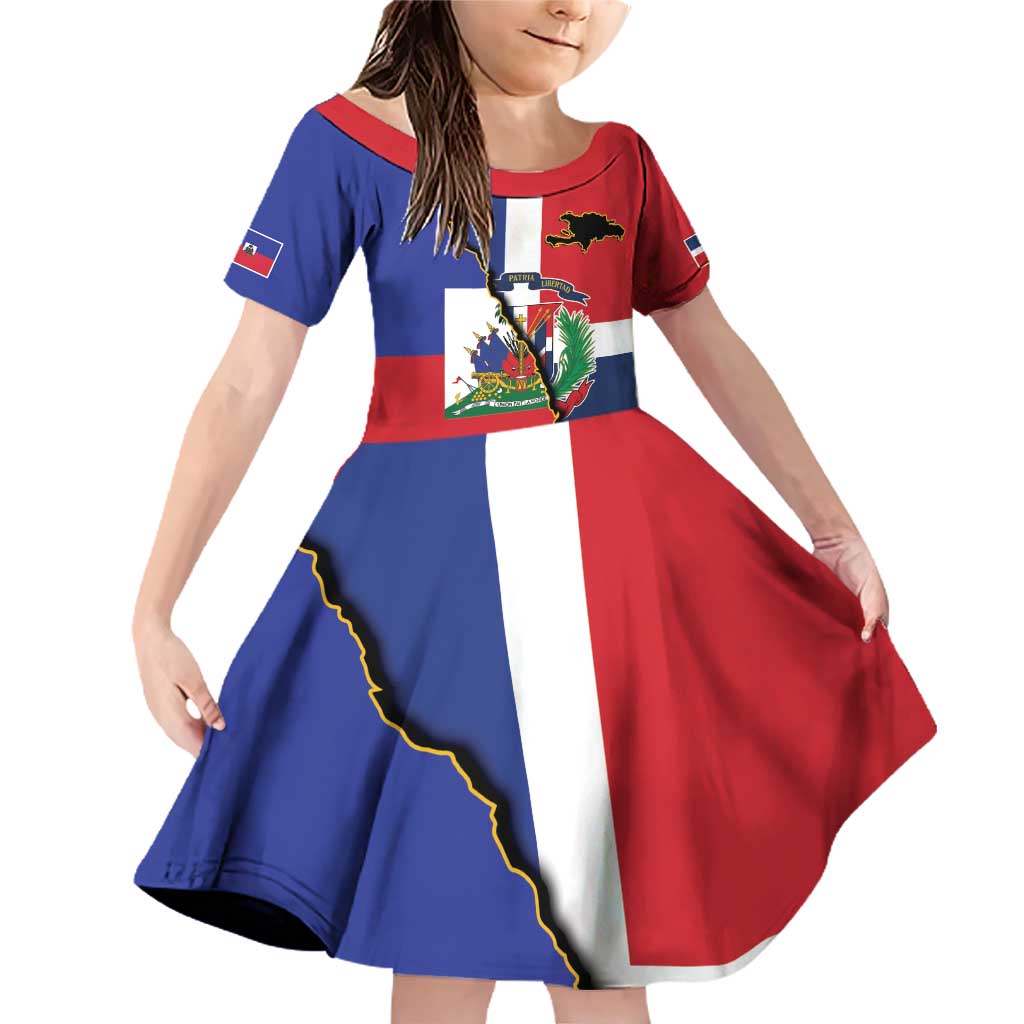 Hispaniola Personalized Family Matching Off Shoulder Short Dress and Hawaiian Shirt Dominican Republic Haiti Flag Together