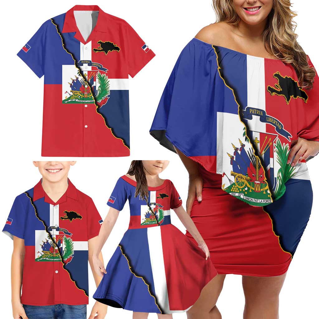 Hispaniola Personalized Family Matching Off Shoulder Short Dress and Hawaiian Shirt Dominican Republic Haiti Flag Together