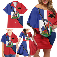 Hispaniola Personalized Family Matching Off Shoulder Short Dress and Hawaiian Shirt Dominican Republic Haiti Flag Together