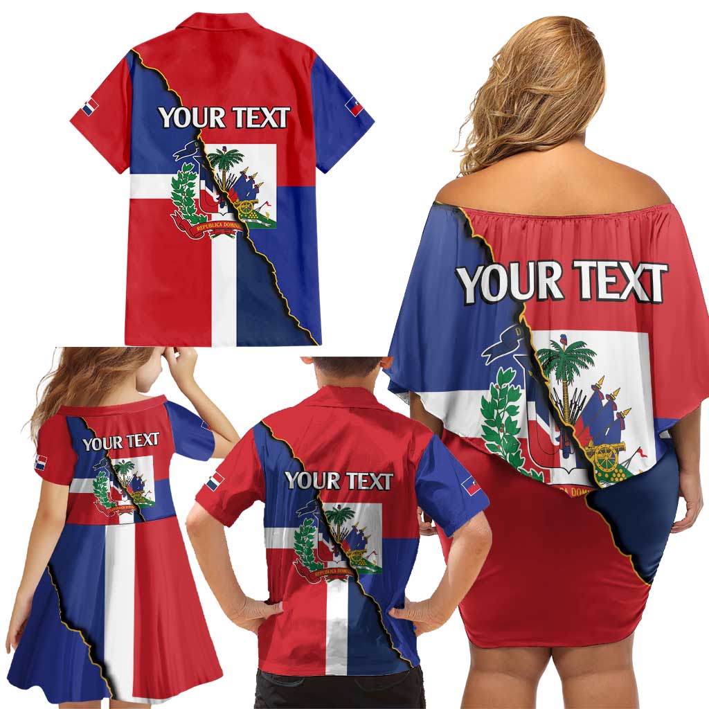 Hispaniola Personalized Family Matching Off Shoulder Short Dress and Hawaiian Shirt Dominican Republic Haiti Flag Together