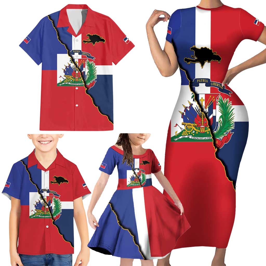 Hispaniola Personalized Family Matching Short Sleeve Bodycon Dress and Hawaiian Shirt Dominican Republic Haiti Flag Together