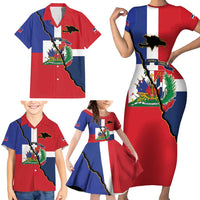 Hispaniola Personalized Family Matching Short Sleeve Bodycon Dress and Hawaiian Shirt Dominican Republic Haiti Flag Together