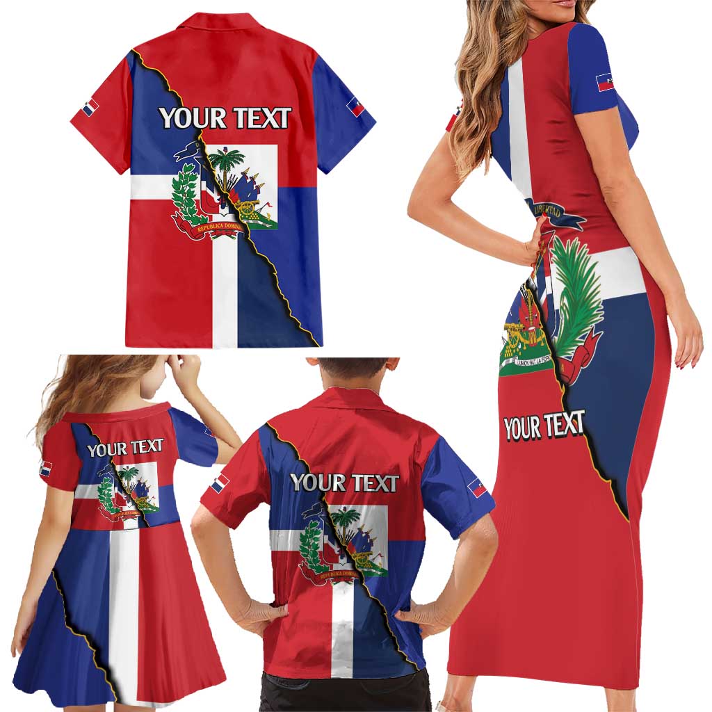 Hispaniola Personalized Family Matching Short Sleeve Bodycon Dress and Hawaiian Shirt Dominican Republic Haiti Flag Together