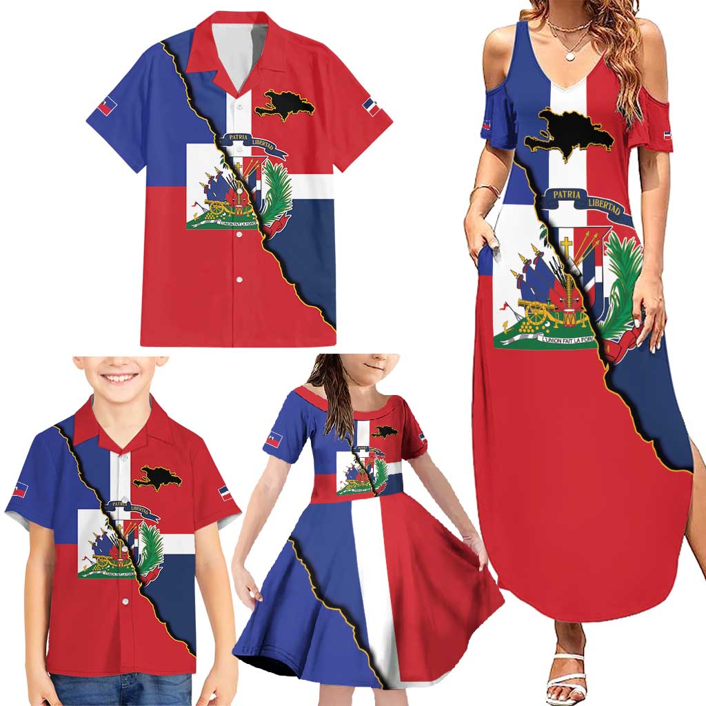 Hispaniola Personalized Family Matching Summer Maxi Dress and Hawaiian Shirt Dominican Republic Haiti Flag Together
