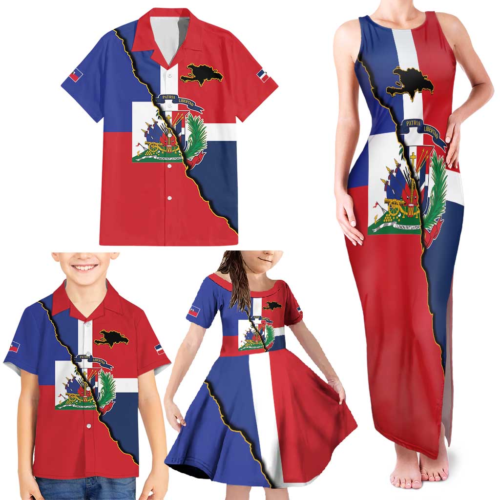 Hispaniola Personalized Family Matching Tank Maxi Dress and Hawaiian Shirt Dominican Republic Haiti Flag Together