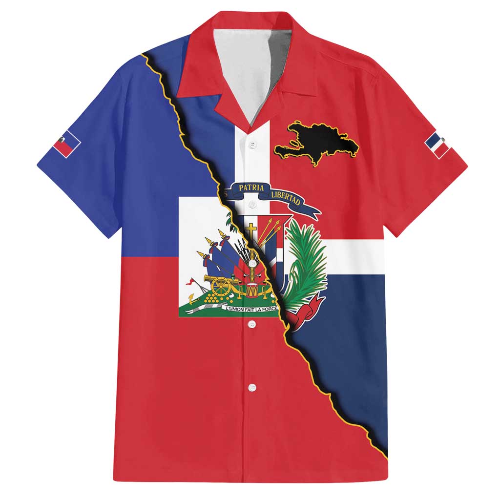 Hispaniola Personalized Family Matching Tank Maxi Dress and Hawaiian Shirt Dominican Republic Haiti Flag Together