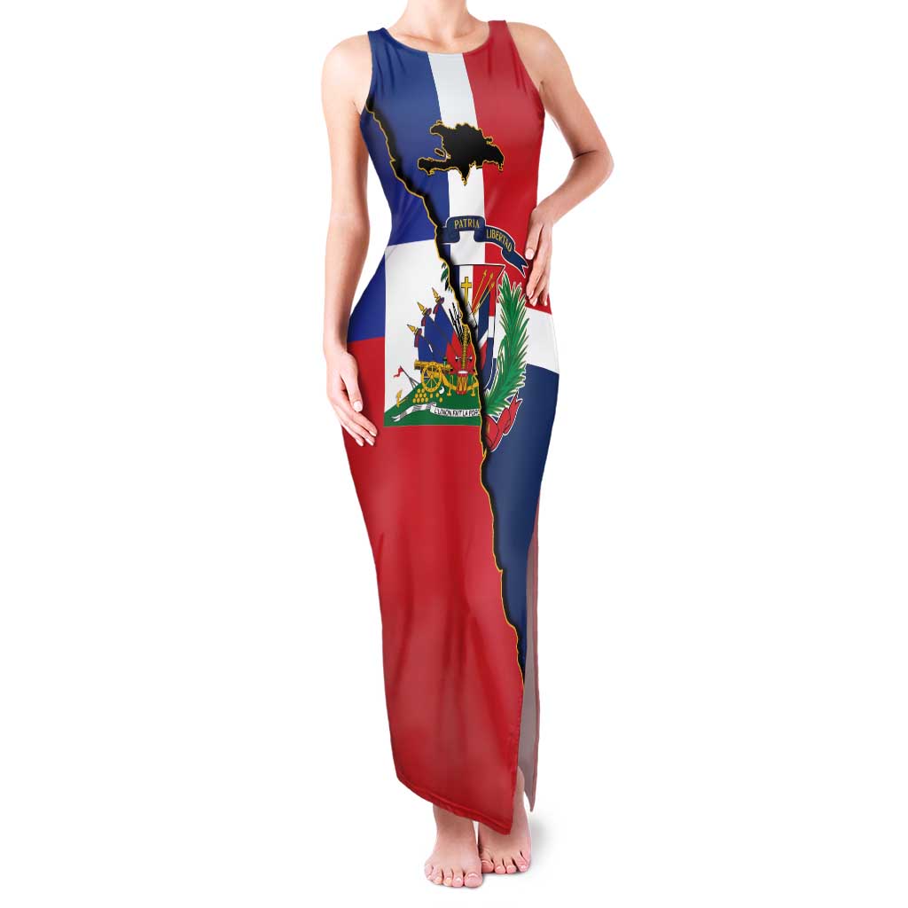 Hispaniola Personalized Family Matching Tank Maxi Dress and Hawaiian Shirt Dominican Republic Haiti Flag Together