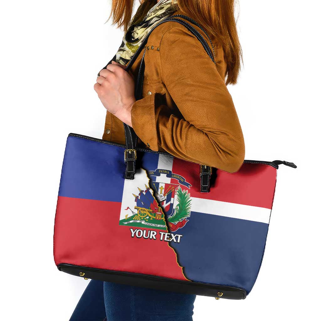 Hispaniola Personalized Leather Tote Bag Dominican Republic Haiti Flag Together