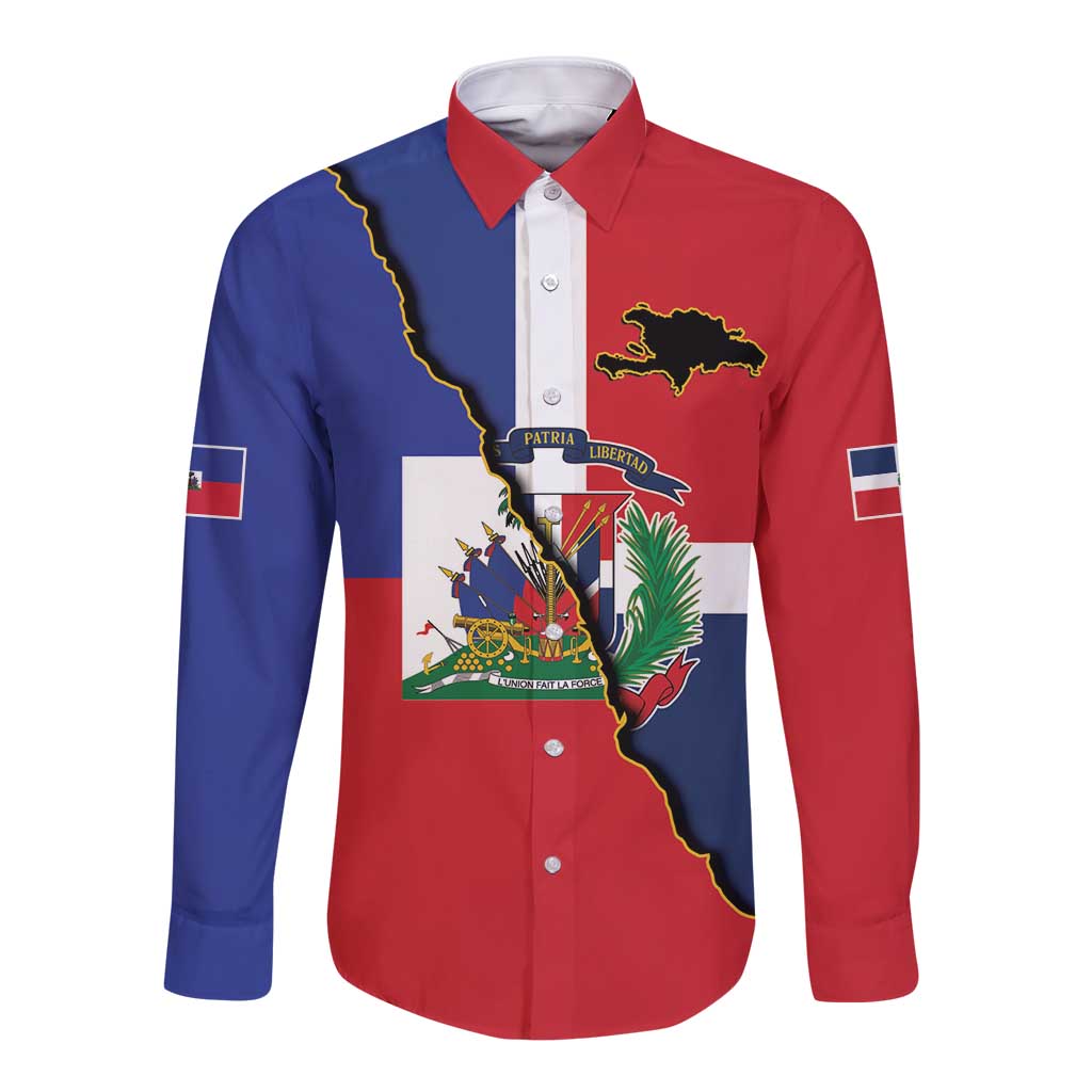 Hispaniola Personalized Long Sleeve Button Shirt Dominican Republic Haiti Flag Together