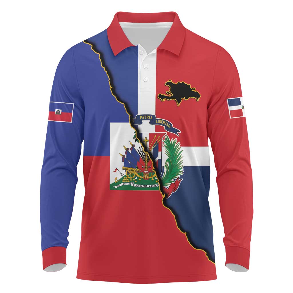 Hispaniola Personalized Long Sleeve Polo Shirt Dominican Republic Haiti Flag Together