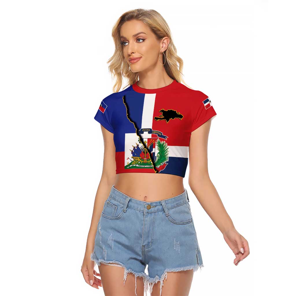 Hispaniola Personalized Raglan Cropped T Shirt Dominican Republic Haiti Flag Together