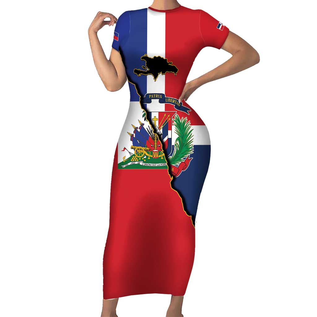 Hispaniola Personalized Short Sleeve Bodycon Dress Dominican Republic Haiti Flag Together
