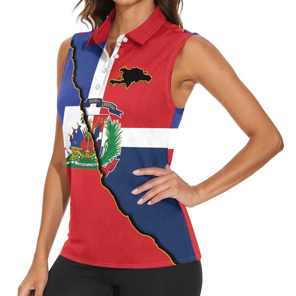 Hispaniola Personalized Women Sleeveless Polo Shirt Dominican Republic Haiti Flag Together