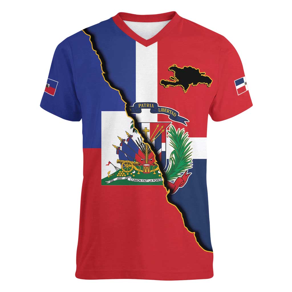 Hispaniola Personalized Women V-Neck T-Shirt Dominican Republic Haiti Flag Together