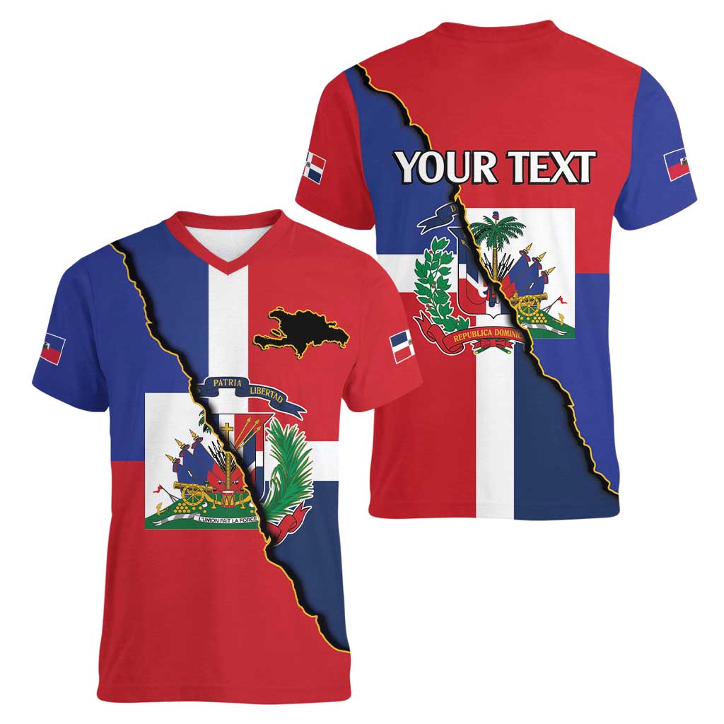 Hispaniola Personalized Women V-Neck T-Shirt Dominican Republic Haiti Flag Together