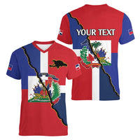 Hispaniola Personalized Women V-Neck T-Shirt Dominican Republic Haiti Flag Together