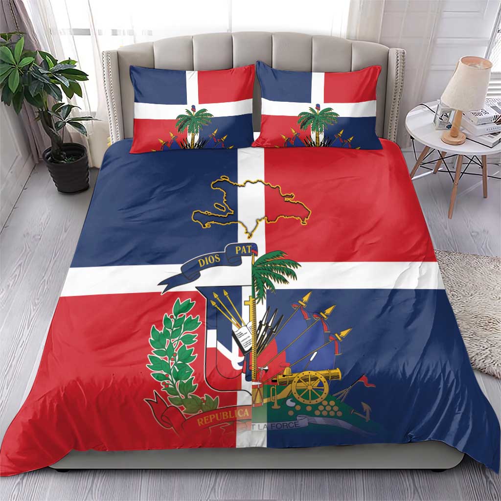 Hispaniola Map Bedding Set Dominican Republic Haiti Flag Together