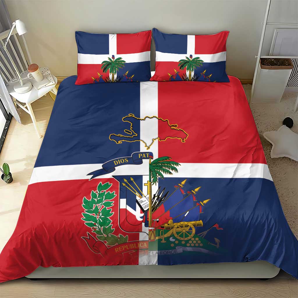 Hispaniola Map Bedding Set Dominican Republic Haiti Flag Together