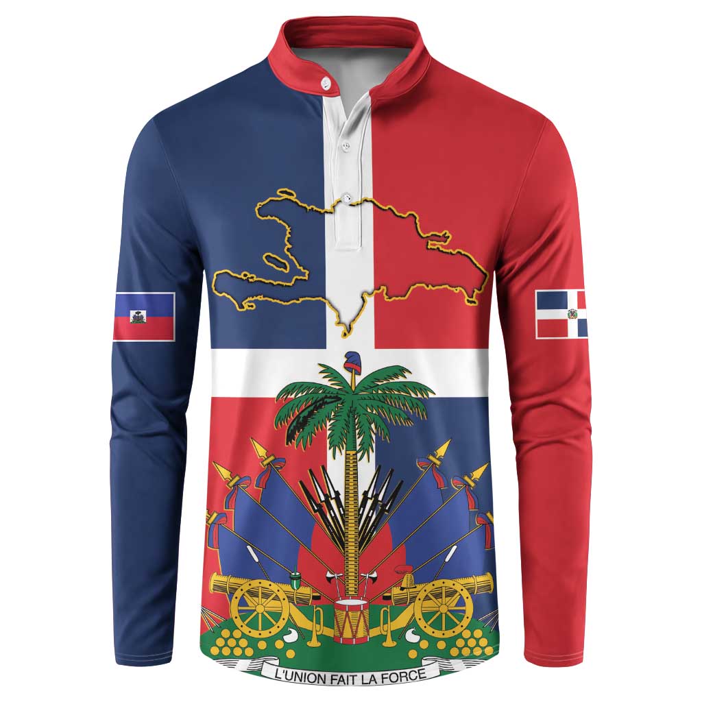 Hispaniola Map Button Sweatshirt Dominican Republic Haiti Flag Together