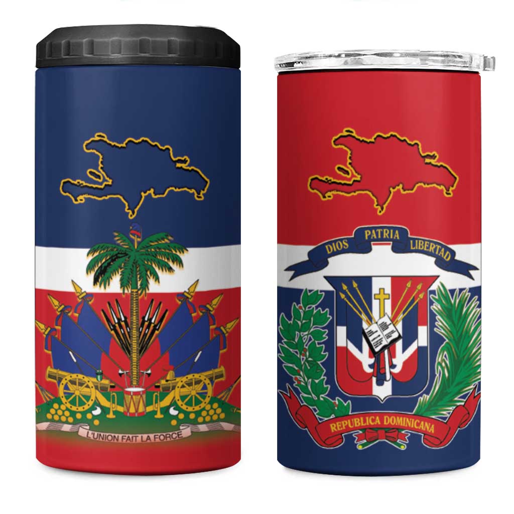 Hispaniola Map 4 in 1 Can Cooler Tumbler Dominican Republic Haiti Flag Together