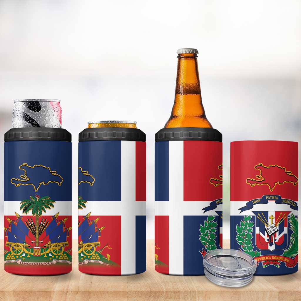 Hispaniola Map 4 in 1 Can Cooler Tumbler Dominican Republic Haiti Flag Together
