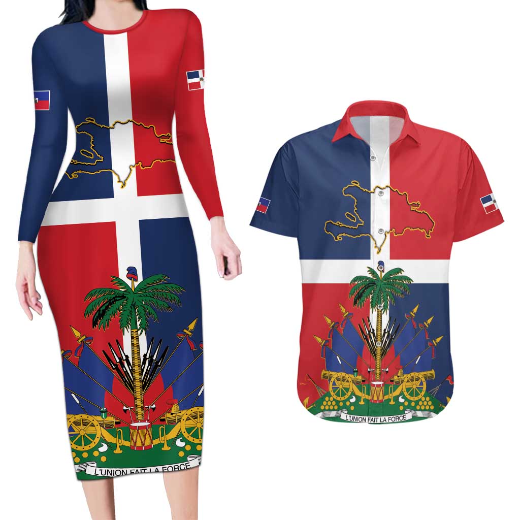 Hispaniola Map Couples Matching Long Sleeve Bodycon Dress and Hawaiian Shirt Dominican Republic Haiti Flag Together