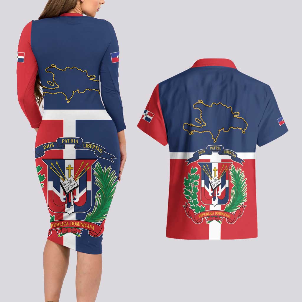 Hispaniola Map Couples Matching Long Sleeve Bodycon Dress and Hawaiian Shirt Dominican Republic Haiti Flag Together
