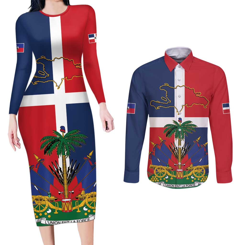 Hispaniola Map Couples Matching Long Sleeve Bodycon Dress and Long Sleeve Button Shirt Dominican Republic Haiti Flag Together