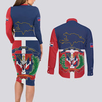 Hispaniola Map Couples Matching Long Sleeve Bodycon Dress and Long Sleeve Button Shirt Dominican Republic Haiti Flag Together