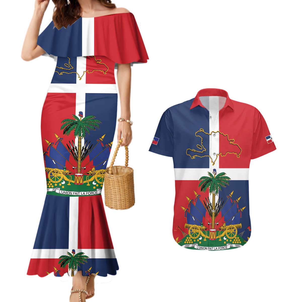 Hispaniola Map Couples Matching Mermaid Dress and Hawaiian Shirt Dominican Republic Haiti Flag Together