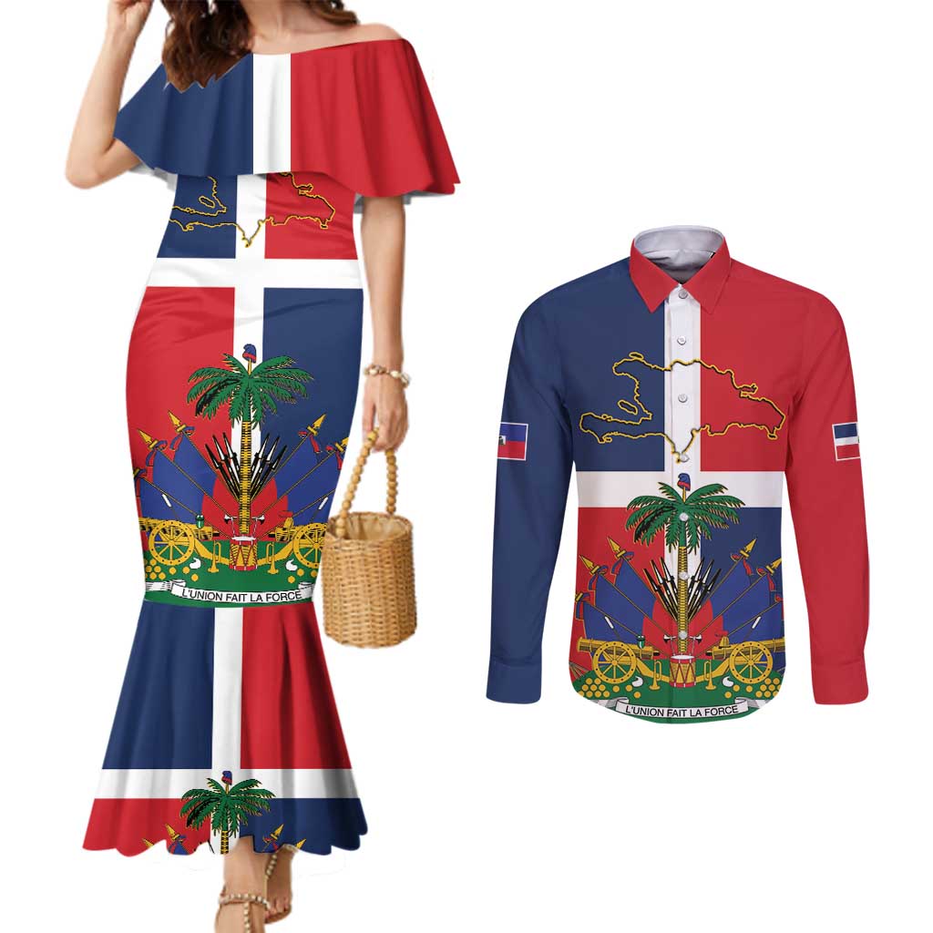 Hispaniola Map Couples Matching Mermaid Dress and Long Sleeve Button Shirt Dominican Republic Haiti Flag Together