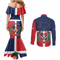 Hispaniola Map Couples Matching Mermaid Dress and Long Sleeve Button Shirt Dominican Republic Haiti Flag Together