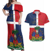 Hispaniola Map Couples Matching Off Shoulder Maxi Dress and Hawaiian Shirt Dominican Republic Haiti Flag Together