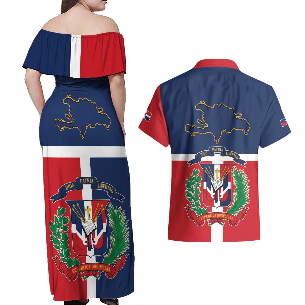 Hispaniola Map Couples Matching Off Shoulder Maxi Dress and Hawaiian Shirt Dominican Republic Haiti Flag Together