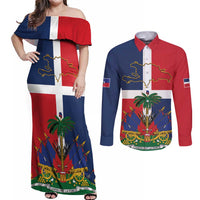 Hispaniola Map Couples Matching Off Shoulder Maxi Dress and Long Sleeve Button Shirt Dominican Republic Haiti Flag Together