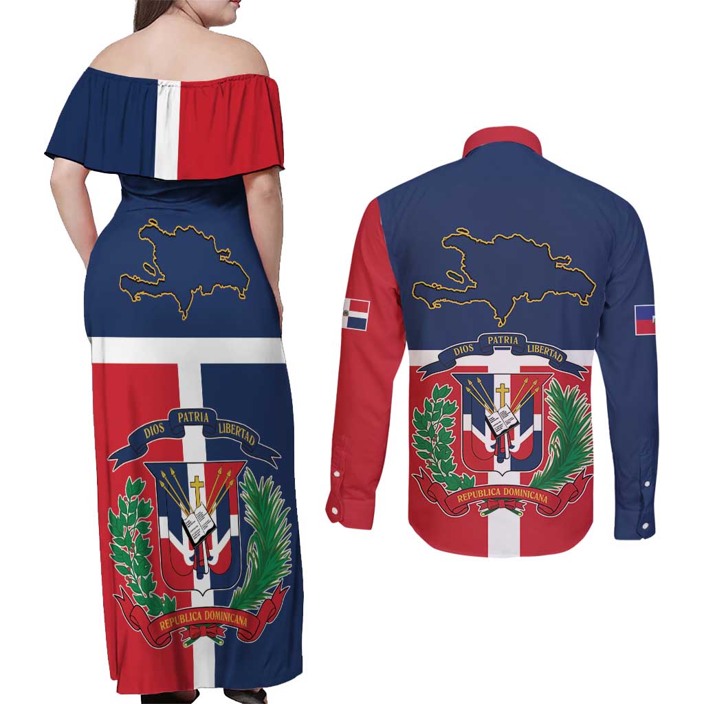 Hispaniola Map Couples Matching Off Shoulder Maxi Dress and Long Sleeve Button Shirt Dominican Republic Haiti Flag Together