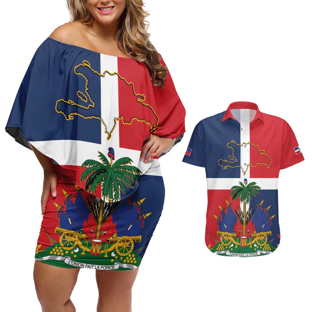 Hispaniola Map Couples Matching Off Shoulder Short Dress and Hawaiian Shirt Dominican Republic Haiti Flag Together