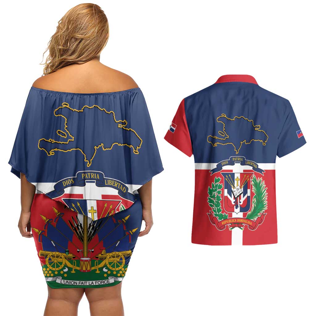 Hispaniola Map Couples Matching Off Shoulder Short Dress and Hawaiian Shirt Dominican Republic Haiti Flag Together