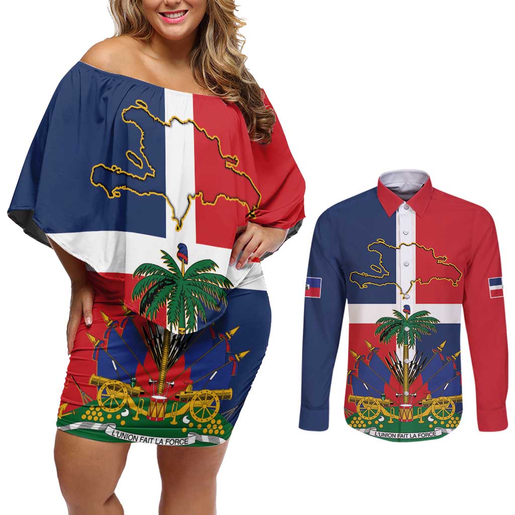 Hispaniola Map Couples Matching Off Shoulder Short Dress and Long Sleeve Button Shirt Dominican Republic Haiti Flag Together