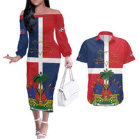 Hispaniola Map Couples Matching Off The Shoulder Long Sleeve Dress and Hawaiian Shirt Dominican Republic Haiti Flag Together