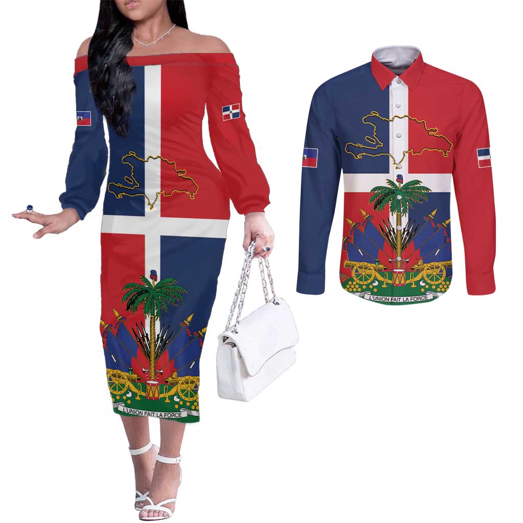 Hispaniola Map Couples Matching Off The Shoulder Long Sleeve Dress and Long Sleeve Button Shirt Dominican Republic Haiti Flag Together