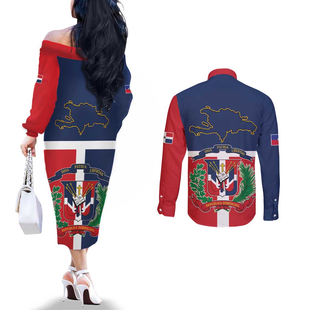 Hispaniola Map Couples Matching Off The Shoulder Long Sleeve Dress and Long Sleeve Button Shirt Dominican Republic Haiti Flag Together