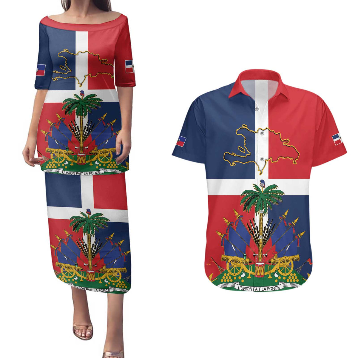 Hispaniola Map Couples Matching Puletasi and Hawaiian Shirt Dominican Republic Haiti Flag Together