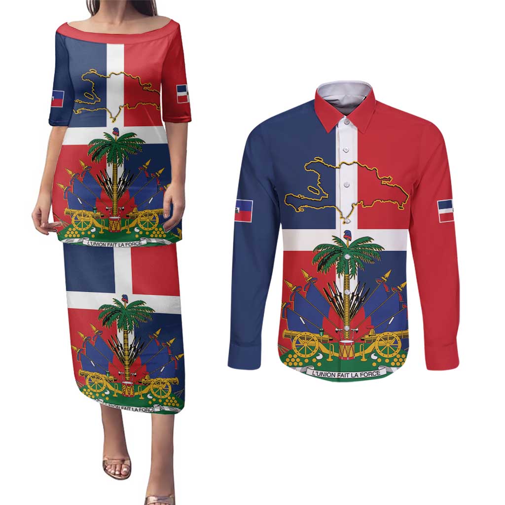 Hispaniola Map Couples Matching Puletasi and Long Sleeve Button Shirt Dominican Republic Haiti Flag Together