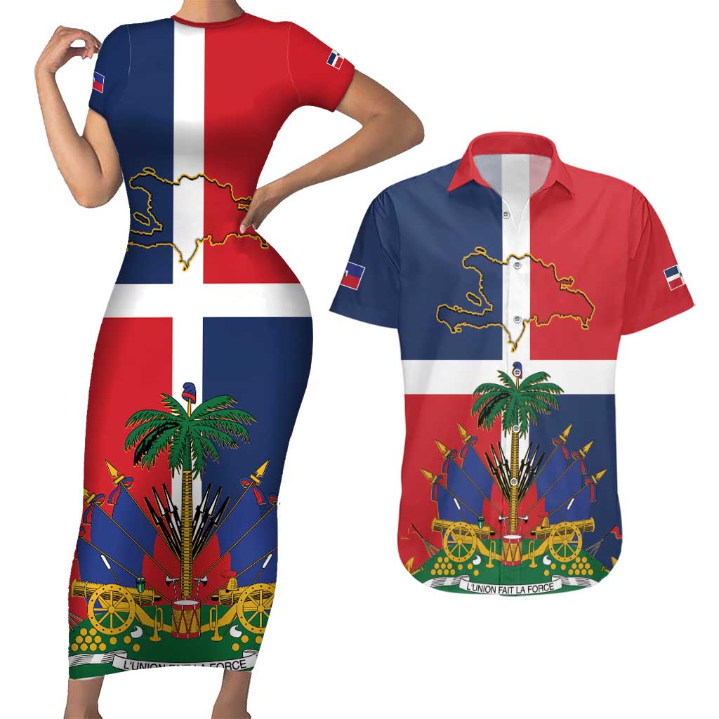 Hispaniola Map Couples Matching Short Sleeve Bodycon Dress and Hawaiian Shirt Dominican Republic Haiti Flag Together