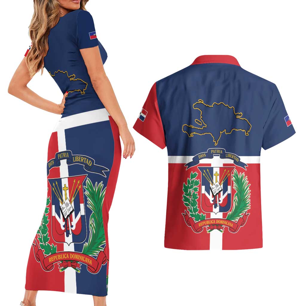 Hispaniola Map Couples Matching Short Sleeve Bodycon Dress and Hawaiian Shirt Dominican Republic Haiti Flag Together